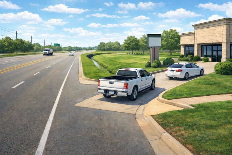 Commercial driveway access connecting to a TxDOT roadway in Irving, Texas showing vehicles entering and exiting a property