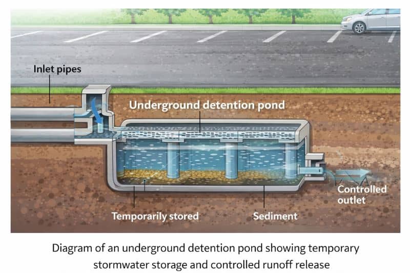  Diagram of an underground detention pond showing temporary stormwater storage and controlled runoff release