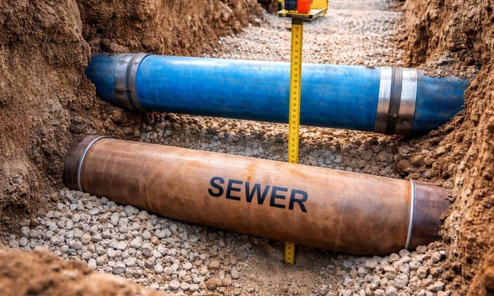 Water line installed above a sewer pipe in a trench showing minimum vertical separation at a utility crossing