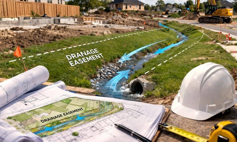 Stormwater flowing through a drainage easement at a residential construction site with site plans in the foreground