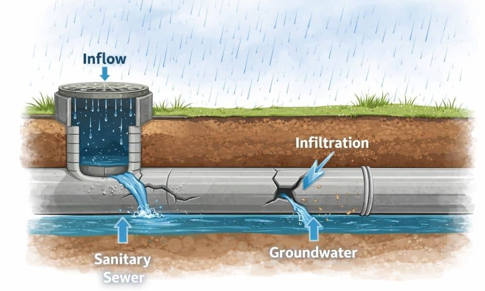 Cross-section diagram showing stormwater and groundwater entering a sanitary sewer pipe through cracks, joints, and a manhole illustrating inflow and infiltration