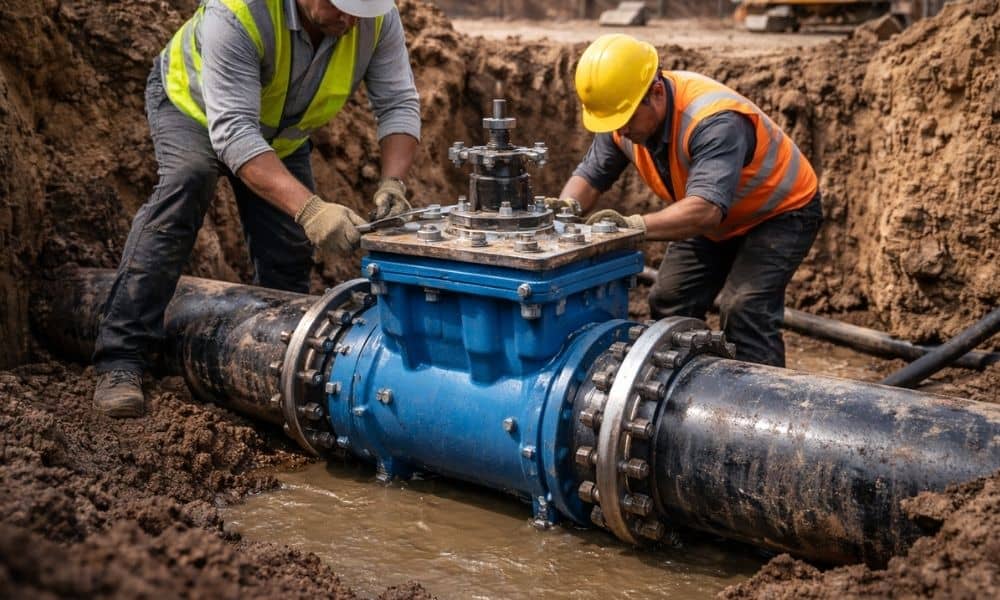Utility workers installing a tapping sleeve on a live water main outdoors with pressurized pipes and valves in a municipal water system
