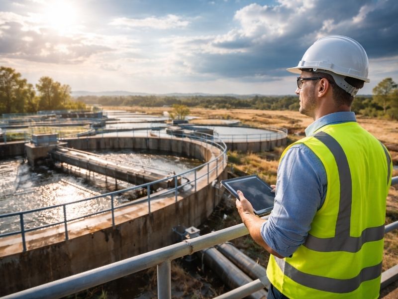 Engineer using a tablet while inspecting a water treatment facility, illustrating dynamic load testing and infrastructure performance evaluation