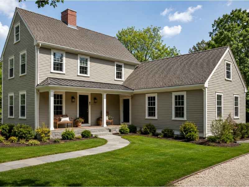 Two-story beige house with a front porch, attached garage, and a well-kept lawn with shrubs.